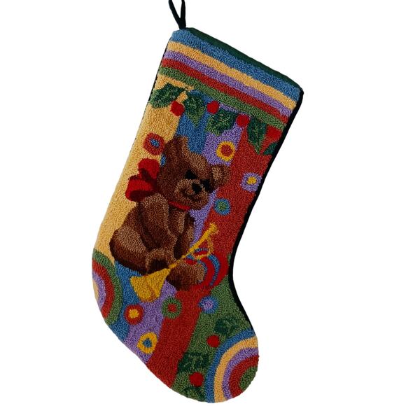 Wool Punch Needle Christmas Stocking Teddy Bear-Horn-Baby Vintage - Picture 2 of 6
